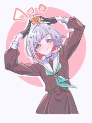 &gt;:) 1girl absurdres aqua_neckerchief arms_up black_gloves blush breasts brown_dress closed_mouth colored_inner_hair commentary_request cropped_legs cup_ramen dress drop_shadow food food_on_head gloves grey_hair hair_ornament half_gloves hasu_no_sora_school_uniform highres kirisaki_nuko link!_like!_love_live! long_sleeves love_live! medium_breasts multicolored_hair neckerchief object_on_head pink_background pleated_dress red_hair sailor_collar sailor_dress school_uniform smile solo split_mouth star_(symbol) star_hair_ornament v-shaped_eyebrows virtual_youtuber white_sailor_collar winter_uniform yugiri_tsuzuri