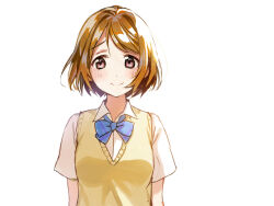 1girl blue_ribbon blush brown_hair brown_vest commentary_request highres koizumi_hanayo love_live! love_live!_school_idol_project naarann neck_ribbon nervous_smile otonokizaka_school_uniform pink_eyes ribbon school_uniform shirt short_hair smile solo vest white_background white_shirt