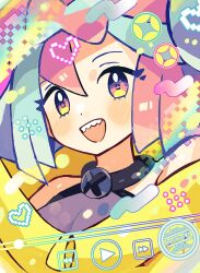 Rule 34 | 1girl, :d, anidler91, bare shoulders, blue hair, blush, bow-shaped hair, commentary, eyelashes, fast forward button, heart, iono (pokemon), jacket, looking at viewer, media player interface, multicolored hair, nintendo, open mouth, pink eyes, pink hair, play button, pokemon, pokemon sv, rewind button, smile, solo, symbol-only commentary, two-tone hair, upper body, yellow jacket