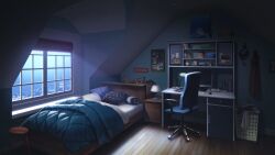 alarm_clock bed bedroom book cityscape cloak clock desk desk_lamp drawer highres indoors lamp laundry_basket monitor no_humans non-web_source official_art our_life:_beginnings_and_always photo_(object) pillow poster_(object) radio scenery scuba_gear sign stool sunrise swivel_chair variant_set window window_blinds wooden_floor