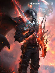 1boy absurdres armor beard black_cape cape chinstrap_beard claws clive_rosfield commentary copyright_name copyright_notice embers english_commentary facial_hair fangs final_fantasy final_fantasy_xvi fire flaming_sword flaming_weapon glowing_hands highres hood hooded_cape horns ifrit_(final_fantasy) joshua_raphael looking_at_viewer magic:_the_gathering official_art solo sword weapon