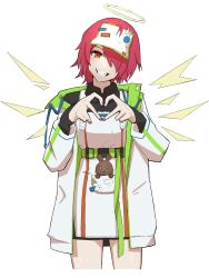 1girl :d apron arknights black_shirt collared_shirt commentary_request cropped_legs exusiai_(arknights) four-finger_heart_hands grin hair_over_one_eye halo heart heart_hands highres jacket layered_sleeves long_sleeves looking_at_viewer one_eye_covered open_mouth own_hands_together pink_hair shirt short_hair smile solo standing tabletennis229 traditional_halo white_apron white_jacket yellow_eyes yellow_halo