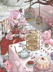 1girl birdcage cage cake cherimikan clothing_cutout cookie cup dress flower food fork glint hair_between_eyes hair_flower hair_ornament highres holding holding_cup holding_saucer knife looking_at_viewer medium_hair nijisanji nijisanji_en on_chair pink_hair pinky_out red_dress red_eyes red_flower red_rose rose rosebud_(rosemi_lovelock) rosemi_lovelock saucer shoulder_cutout side_ponytail sitting smile strawberry_cake table tea_party teacup teapot tiered_tray virtual_youtuber