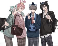 4boys animal_charm animal_ear_hood animal_ears aqua_eyes bag black_bag black_hair black_necktie black_sweater blue_hat blue_necktie blue_ribbon blue_sweater brelock brown_pants chain chain_necklace close-up closed_mouth collarbone colored_inner_hair commentary_request cowboy_shot diagonal-striped_clothes diagonal-striped_necktie ear_piercing earrings eyewear_on_head fake_animal_ears fangs finger_heart flower flower_ornament food green_eyes green_sweater grey_eyes grey_hair grey_pants gyaru_v hair_between_eyes hair_bun hair_flower hair_ornament hair_ribbon hand_up handbag hat highres hiyori_(huzurina_suruba) holding holding_food hood huzurina_suruba jewelry long_sleeves looking_at_viewer male_focus mini_hat multicolored_hair multiple_boys neck_tattoo necklace necktie one_eye_closed open_mouth original pants piercing pink_eyes pink_hair pink_sweater plaid_clothes plaid_pants purple_necktie ribbon ring shirt short_hair shoulder_bag simple_background smile standing striped_clothes sweater tattoo teeth upper_teeth_only v white_background white_shirt yellow_ribbon