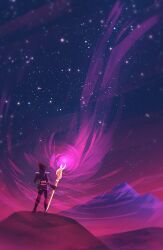 1other artist_name epaulettes from_behind full_body hair_bun hand_on_own_hip holding holding_staff magic mountainous_horizon night night_sky original outdoors purple_theme red_hair scenery signature sky staff standing star_(sky) starry_sky zandra