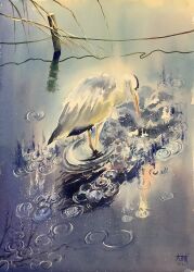 Rule 34 | absurdres, animal, bird, blue sky, branch, didi daisukedoi, fence post, highres, no humans, original, painting (medium), plant, pond, reflection, reflective water, ripples, rope, rope fence, sky, straw (stalk), sunlight, traditional media, water, watercolor (medium)