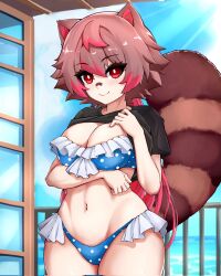 1girl alternate_hairstyle animal_ears archived_source arm_under_breasts bandaid bandaid_on_face bandaid_on_nose bikini black_shirt blue_bikini blue_sky breasts bright_pupils brown_hair brown_tail cleavage clothes_lift colored_tips commentary corrupted_twitter_file cowboy_shot day frilled_bikini frills groin hair_between_eyes hair_flaps hand_on_own_chest hand_up handrail highres indie_virtual_youtuber large_breasts lifting_own_clothes light_blush linea_alba long_hair looking_at_viewer multicolored_hair navel ocean outdoors pink_hair polka_dot polka_dot_bikini ponytail raccoon_ears raccoon_girl raccoon_tail rakkun_sutaru red_eyes red_hair shirt shirt_lift short_sleeves sky slash-ex smile spanish_commentary stomach striped_tail sunlight swimsuit tail thighs virtual_youtuber white_pupils