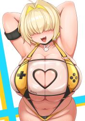 1girl absurdres ahoge armpits arms_up blonde_hair blush breasts cleavage clothing_cutout elegg_(boom_and_shock)_(nikke) elegg_(nikke) fang goddess_of_victory:_nikke hair_intakes hair_over_eyes heart_cutout highres huge_breasts long_bangs looking_at_viewer multicolored_hair navel open_mouth plump rabbit_ornament see-through_slingshot_swimsuit shiny_skin short_hair sinape skindentation slingshot_swimsuit solo swimsuit two-tone_hair underboob yellow_slingshot_swimsuit