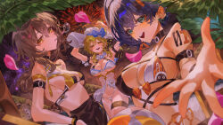 3girls absurdres aerial_fireworks alternate_costume arm_tattoo ball beachball belle_(zenless_zone_zero) belt bikini black_choker black_sarong blonde_hair blowing_bubbles blue_hair breasts choker commentary_request fireworks genshin_impact green_eyes grey_hair hat highres honkai:_star_rail honkai_(series) indol large_breasts long_hair lumine_(genshin_impact) medium_breasts mihoyo multicolored_bikini multiple_girls night night_sky open_mouth reaching reaching_towards_viewer sarong short_hair short_hair_with_long_locks sky stelle_(honkai:_star_rail) stomach sun_hat swimsuit tattoo teeth thigh_belt thigh_strap thighs trailblazer_(honkai:_star_rail) two-tone_bikini upper_teeth_only white_bikini yellow_eyes zenless_zone_zero