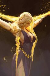 1girl absurdres bare_shoulders black_dress blonde_hair braid breasts broken_skin closed_eyes closed_mouth commentary cracked_skin crown crucifixion dress elden_ring english_commentary gold_belt gold_crown gold_diadem golden_armlet hair_over_shoulder halterneck highres large_breasts long_hair looking_down mature_female queen queen_marika_the_eternal ruan_zoe side_slit solo very_long_hair