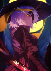 1girl ajirogasa bandage_over_one_eye bandaged_arm bandages closed_mouth cloud cloudy_sky conical_hat faust_(project_moon) full_moon grey_scarf hat heishou_pack-mao_branch_(identity)_(project_moon) highres holding holding_sword holding_weapon limbus_company moon pmchell_04 project_moon rice_hat scarf sky solo sword sword_on_back weapon weapon_on_back white_hair yellow_eyes