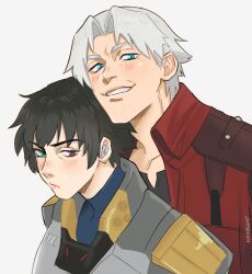 Rule 34 | 1boy, 1girl, black hair, blue eyes, blush, coat, dante (devil may cry), devil may cry (netflix), devil may cry (series), green eyes, grey background, heterochromia, highres, jumpoon, lady (devil may cry), looking at viewer, red coat, red eyes, signature, simple background, smirk, white hair