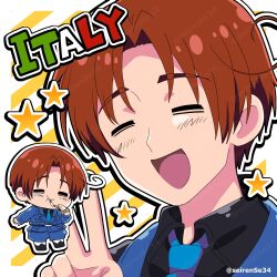 1boy ahoge artist_name axis_powers_hetalia baggy_pants belt black_belt black_boots black_shirt blue_jacket blue_necktie blue_pants blush boots border breast_pocket brown_hair chibi chibi_inset closed_eyes closed_mouth collared_shirt eating food highres himaruya_hidekazu_(style) holding holding_food holding_pizza jacket lapels long_sleeves military_jacket military_uniform multiple_views necktie northern_italy_(hetalia) open_mouth outside_border pants parted_bangs pizza pizza_slice pocket seirense34 shirt short_hair smile star_(symbol) striped_background upper_body v watermark white_background white_border