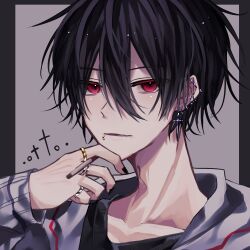 1boy adam&#039;s_apple black_hair black_shirt cigarette collarbone cross cross_earrings ear_piercing earrings face_piercing grey_jacket hair_between_eyes haseta_08 highres holding holding_cigarette hoop_earrings jacket jewelry looking_at_viewer male_focus mouth_piercing original parted_lips piercing portrait red_eyes ring shirt short_hair solo