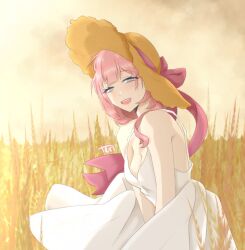 1girl alternate_costume blue_eyes breasts brown_sky cleavage commentary cyrene_(honkai:_star_rail) dress english_commentary hat honkai:_star_rail honkai_(series) long_hair open_mouth outdoors pink_hair scarameowchw small_breasts smile solo sun_hat teeth upper_teeth_only wheat wheat_field white_dress