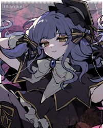 1girl bang_dream! bang_dream!_it&#039;s_mygo!!!!! black_boots black_gloves black_hat blue_brooch blue_hair blush boots bow bowtie commentary english_commentary gloves hair_ribbon hat highres kyou_039 long_hair looking_at_viewer open_mouth ribbon solo togawa_sakiko white_bow white_bowtie yellow_eyes