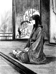 Rule 34 | 1girl, architecture, cat, east asian architecture, expressionless, full body, greyscale, highres, indoors, japanese clothes, kimono, long hair, monochrome, original, profile, seiza, sitting, solo, tp p pt
