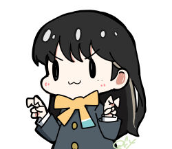 1girl :3 animification black_hair black_jacket blush chibi chibi_only closed_mouth commentary highres jacket koizumi_moeka long_hair long_sleeves love_live! love_live!_nijigasaki_high_school_idol_club neck_ribbon nijigasaki_school_uniform oofushi_ao real_life ribbon school_uniform signature smile solo v-shaped_eyebrows voice_actor winter_uniform yellow_ribbon