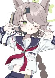 :d absurdres animal_ears blue_archive blush brown_hair fox_ears fox_girl green_eyes green_halo halo headset highres inaba_reito long_braid long_sleeves neckerchief one_eye_closed open_mouth otogi_(blue_archive) pleated_skirt pointing pointing_at_self school_uniform serafuku simple_background skirt smile