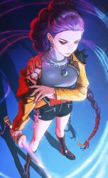 braid brown_eyes demon_girl heterochromia highres holding holding_sword holding_weapon kolo_2020 kpop_demon_hunters long_hair looking_ahead purple_hair rumi_(kpop_demon_hunters) slit_pupils solo standing sword very_long_hair weapon