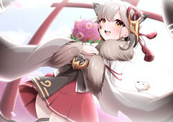 1girl acullllll azur_lane bouquet extra_ears flower fur-trimmed_kimono fur_trim grey_hair hamster highres holding holding_bouquet ink_stain japanese_clothes kimono long_sleeves looking_at_viewer open_mouth red_skirt short_hair skirt solo suzutsuki_(azur_lane) wide_sleeves yellow_eyes
