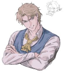 Rule 34 | 1boy, birthmark, bishounen, blonde hair, chibi, chibi inset, dio brando, ear birthmark, green eyes, highres, hiro tadzio28, jojo no kimyou na bouken, phantom blood, smile, solo