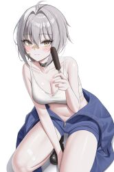 1girl absurdres ahoge bandaid bandaid_on_face bandaid_on_nose belt_collar blue_jumpsuit blush breasts collar doenji_(auto7233) food goddess_of_victory:_nikke grey_hair highres holding holding_food jumpsuit looking_at_viewer medium_breasts mori_(nikke) short_hair solo white_background