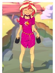 1girl 2022 20s bare_legs barefoot blonde_hair blush border closed_eyes collarbone colored_skin day eyelashes full_body grass hasbro highres holding holding_shoes holding_unworn_clothes long_hair multicolored_hair my_little_pony my_little_pony:_equestria_girls my_little_pony:_friendship_is_magic nature open_mouth orange_skin outdoors red_hair river rockset shoes smile soaking_feet solo standing sunset_shimmer teeth toes two-tone_hair unworn_shoes very_long_hair water white_border
