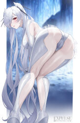 1girl ass ass_focus bent_over blush bodysuit breasts cameltoe cinderella_(nikke) elbow_gloves expulse from_behind gloves goddess_of_victory:_nikke hair_ornament hair_over_one_eye highres large_breasts leaning leaning_forward leotard long_hair looking_at_viewer looking_back open_mouth red_eyes see-through_clothes see-through_skirt sideboob skirt solo thick_thighs thighhighs thighs twintails very_long_hair white_hair