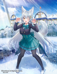 1girl animal_ears aqua_bow aqua_skirt black_pantyhose bow building cardfight!!_vanguard character_request copyright_notice fang full_body grey_hair hair_ornament long_hair long_sleeves mizutsu official_art one_eye_closed outdoors pantyhose paw_pose pleated_skirt shoes skirt sky solo standing tail white_shoes yellow_eyes