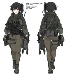 1girl absurdres belt black_hair boots brown_pants bulletproof_vest cargo_pants closed_mouth cyrillic english_text gloves green_gloves green_jacket green_shoes grey_eyes gun h&amp;k_mp5 highres holding holster hood hooded_jacket jacket k0ng korean_text lace-up_boots long_sleeves looking_at_viewer medium_hair multiple_views original pants quadcopter radio_antenna shoes side_ponytail simple_background smile submachine_gun utility_belt walking weapon white_background