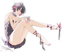 1girl alternate_costume artist_name bare_legs barefoot black_hair breasts cleavage colored_inner_hair commentary ellen_joe english_commentary feet fingernails fins fish_tail full_body hair_between_eyes hair_ornament hairclip highres large_breasts multicolored_hair nail_polish nevercrymoon parted_lips red_eyes red_hair red_nails revision shark_girl shark_tail short_hair sidelocks simple_background solo tail thighs toenail_polish toenails toes two-tone_hair white_background zenless_zone_zero