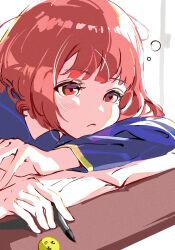 1girl arima_kana bob_cut closed_mouth highres holding holding_pen inverted_bob oshi_no_ko pen pieyon red_eyes red_hair ronuma school_uniform short_hair sleepy solo thinking youtou_high_school_uniform