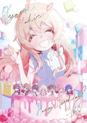 blush box cake character_request closed_eyes food gift gift_box hand_up happy_birthday heart highres multiple_girls onii-chan_wa_oshimai! oyama_mahiro pink_hair shirt signature smile uracine_(zakozako1919) white_shirt