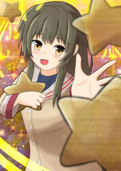 Rule 34 | 1girl, blush, clannad, dot nose, feet out of frame, female focus, highres, hikarizaka private high school uniform, ibuki fuuko, irasuto maten 9, long hair, long sleeves, looking at viewer, open mouth, school uniform, solo, standing, star (symbol), yellow eyes