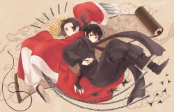 Rule 34 | 2boys, armor, axis powers hetalia, baggy pants, black eyes, black hair, black pants, black scarf, black shirt, black shoes, blush, brown background, brown eyes, brown hair, chain, changpao, china (hetalia), chinese clothes, claw (weapon), closed mouth, cloud, commentary request, dagger, dragon, empty eyes, fingernails, floating clothes, floating hair, floral print, from side, full body, hand fan, hands up, highres, holding, holding dagger, holding knife, holding weapon, japan (hetalia), japanese armor, jewelry, knife, kote, kurokote, long hair, long sleeves, looking at viewer, low ponytail, male focus, multiple boys, ninja, pants, ponytail, red shirt, ring, scarf, scroll, shirt, shoes, short hair, sidelocks, sitting, smile, tamaki (q tamaki), v-shaped eyebrows, weapon, white pants, wide sleeves