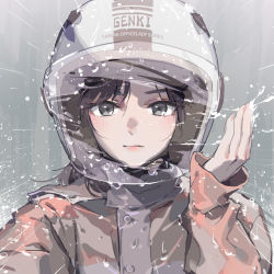 1girl black_eyes black_hair buttons character_request expressionless helmet highres lips logo looking_at_viewer office_lady_taiwan portrait rain raincoat tennohi title upper_body visor water wiping_face