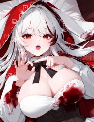 1girl artist_name black_corset black_hair black_ribbon blood blood_on_clothes breasts chiawara cleavage corset highres indie_virtual_youtuber large_breasts long_hair multicolored_hair open_mouth penetration_gesture pinji8166 pointy_ears red_eyes red_hood red_nails ribbon solo streaked_hair teeth upper_teeth_only virtual_youtuber white_hair