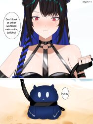 1girl absurdres bikini black_bikini black_hair blue_hair blush braid breasts closed_mouth colored_inner_hair commentary english_commentary english_text highres hololive hololive_english jailbird_(nerissa_ravencroft) large_breasts multicolored_hair nerissa_ravencroft red_eyes ryuuki_(artist) single_braid slit_pupils speech_bubble swimsuit virtual_youtuber