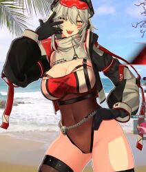 1girl beach black_gloves breasts chain chain_belt cleavage gloves goggles jacket leotard navel outdoors sand see-through_clothes see-through_leotard skull thighhighs visor_cap vshojo water white_hair yellow_eyes zentreya zentreya_(cyborg) zentreya_(cyborg)_(zen_2.0) zipper
