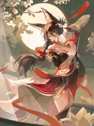 1girl absurdres animal_ear_fluff animal_ears bare_shoulders black_dress brown_hair chinese_clothes commentary cowboy_shot dress folding_fan fox_ears fox_girl fox_tail fugue_(honkai:_star_rail) hair_between_eyes hair_ornament hand_fan highres holding holding_fan honkai:_star_rail honkai_(series) long_hair long_sleeves off-shoulder_dress off_shoulder solo tail tingyun_(honkai:_star_rail) yeva