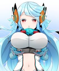 1girl absurdres adamski_s-rank_space aqua_hair bouncing_breasts breasts clothing_request detached_sleeves duel_masters duel_masters_play&#039;s expressionless highres looking_at_breasts looking_at_self looking_down medium_breasts mhandpuzzdra motion_lines navel open_mouth red_eyes simple_background upper_body
