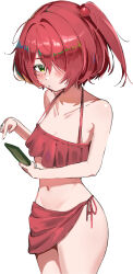 1girl bikini blush breasts cellphone collarbone commentary_request cowboy_shot green_eyes highres holding holding_phone jyuunen-kun komari_chika looking_at_viewer make_heroine_ga_oo_sugiru! navel one_side_up phone red_bikini red_hair red_sarong sarong short_hair side-tie_bikini_bottom simple_background small_breasts smartphone solo standing swimsuit white_background