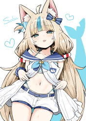 Rule 34 | 1girl, :p, animal ear fluff, animal ears, blonde hair, blue hair, cat ears, character name, commentary, dress, fins, fish tail, highres, indie virtual youtuber, long hair, looking at viewer, low twintails, midriff, multicolored hair, navel, sameko saba, shorts, simple background, sky-freedom, solo, streaked hair, sweat, tail, thighs, tongue, tongue out, twintails, very long hair, virtual youtuber, white background, white dress, white shorts