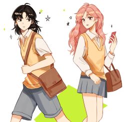 2girls bag black_eyes black_hair breasts brown_bag cellphone clip_studio_paint_(medium) collared_shirt commentary cowboy_shot earrings english_commentary grey_shorts grey_skirt handbag highres holding holding_phone holding_strap jewelry kininatteru_hito_ga_otoko_ja_nakatta koga_mitsuki long_sleeves looking_at_another medium_hair miniskirt multiple_girls oosawa_aya parted_bangs parted_lips phone pleated_skirt qitsunne shirt short_sleeves shorts shoulder_bag skirt small_breasts smartphone standing star_(symbol) sweater_vest walking white_background white_shirt wing_collar yellow_sweater_vest