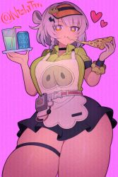 1girl anby_demara apron black_choker black_skirt breasts choker collared_shirt cowboy_shot eating food green_shirt grey_hair heart highres holding holding_food holding_pizza large_breasts looking_at_viewer medium_breasts nishitin official_alternate_costume orange_eyes pink_background pizza shirt skirt star-shaped_pupils star_(symbol) symbol-shaped_pupils thigh_strap thighhighs visor_cap white_apron zenless_zone_zero zettai_ryouiki