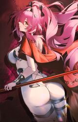 1girl ass backless_bodysuit black_bow bodysuit bow breasts closed_mouth from_behind hair_bow hair_ornament hairband highres holding holding_polearm holding_weapon large_breasts long_hair looking_at_viewer looking_back lupa_(wuthering_waves) manche5ter metal_hairband missing_commentary multiple_hair_bows pink_hair polearm profile red_pupils red_sash sash solo tail weapon white_bodysuit wolf_tail wrist_guards wuthering_waves yellow_eyes