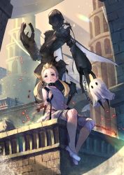 1girl 1other absurdres amane_sora levania blonde_hair blue_eyes building chain creature dress fio_(nier) highres mama_(nier) nier_(series) nier_reincarnation sitting twintails