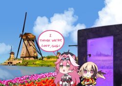 2girls ahoge animal_ears beret black_hat black_tube_top brown_hair chibi dasdokter english_text field flower flower_field gigi_murin gigi_murin_(1st_costume) goggles goggles_on_head hat hololive hololive_english hood hoodie long_hair minecraft multicolored_hair multiple_girls nether_portal netherlands orange_hoodie panther_ears photo-referenced pink_eyes pink_hair pun raora_panthera raora_panthera_(1st_costume) speech_bubble strapless streaked_hair tube_top two-tone_hair two_side_up vest virtual_youtuber white_vest windmill yellow_eyes