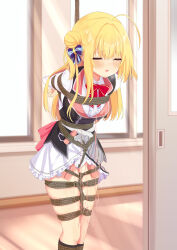 1girl absurdres ahoge arms_behind_back bdsm between_legs between_thighs black_socks black_vest blonde_hair blue_bow blue_bowtie blush bondage bound bound_arms bound_legs bound_torso bow bowtie breasts clenched_hand closed_eyes clothes_lift commission crotch_rope door doorway embarrassed female_focus frilled_skirt frills hair_between_eyes hair_bow hair_bun hair_ornament hair_ribbon hallway hamidashi_creative hamuta_(machosbrown) highres indoors izumi_hiyori knee_socks kneehighs layered_clothes layered_skirt legs legs_together long_hair medium_breasts open_mouth panties red_bow red_bowtie ribbon school_uniform sex_toy shibari shibari_over_clothes shirt sidelocks single_hair_bun skeb_commission skin_tight skindentation skirt skirt_lift sliding_doors socks solo thighs tongue underwear vest vibrator vibrator_cord vibrator_under_clothes vibrator_under_panties white_panties white_shirt white_skirt window